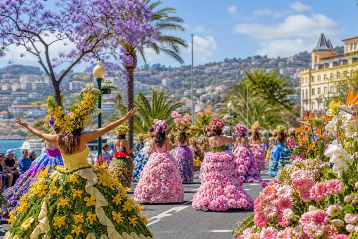 Celebração floral nas ruas do Funchal durante a Festa da Flor