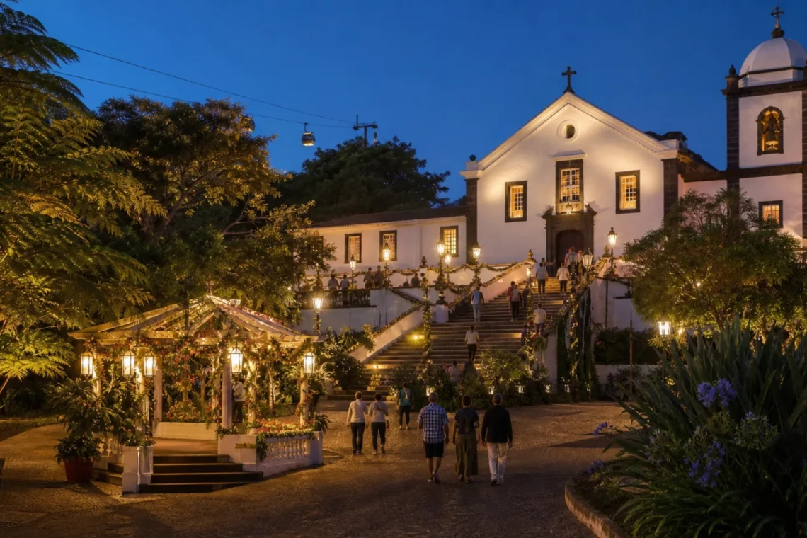 Festa de Nossa Senhora do Monte ao anoitecer no Funchal, Madeira