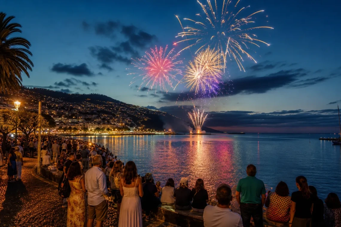Fogo de artifício sobre a baía do Funchal durante o Festival do Atlântico