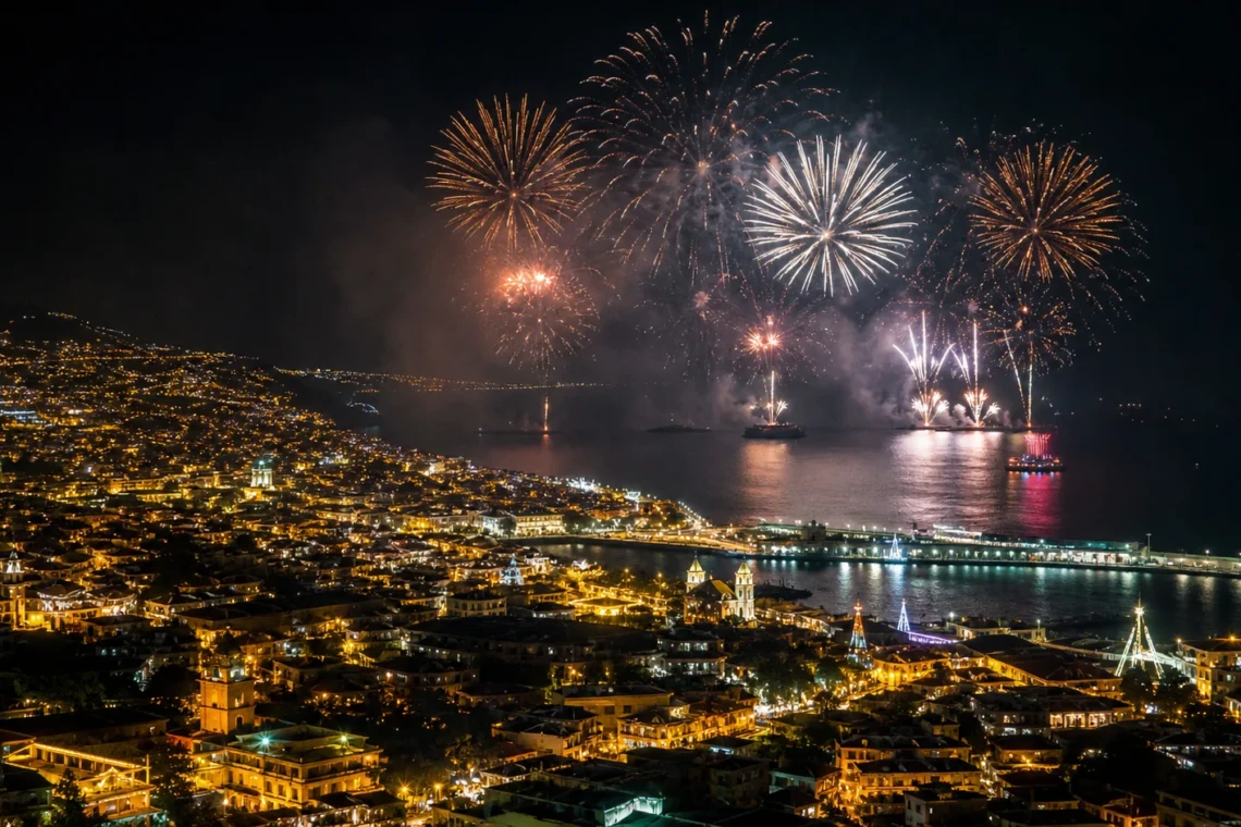 Fogo de artificio sobre a baia do Funchal na passagem de ano