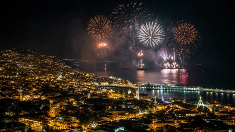 Fogo de artificio sobre a baia do Funchal na passagem de ano