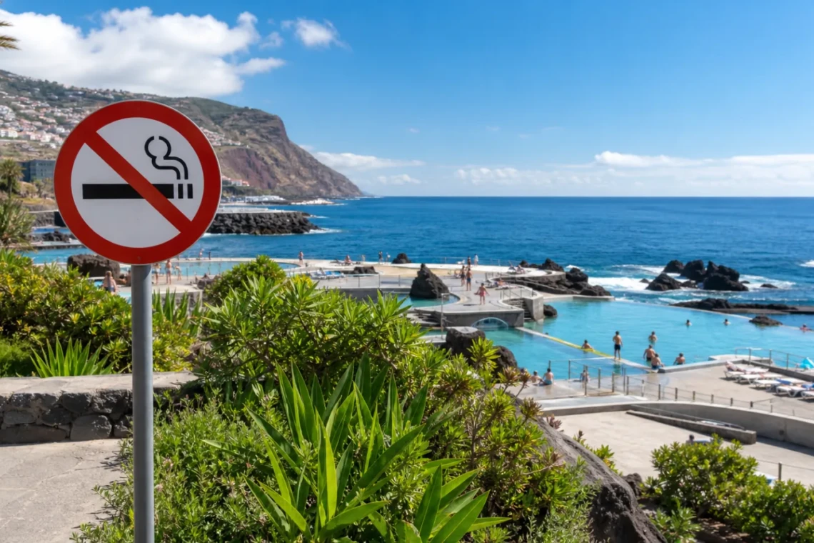 Sinal de zona sem fumo junto a um complexo balnear na costa da Madeira